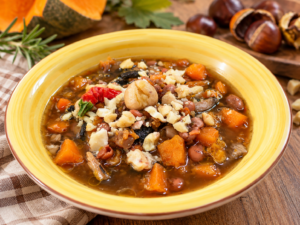 zuppa di zucca fagioli funghi e castagne