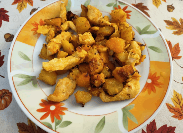 bocconcini di pollo sabbiosi con zucca e patate