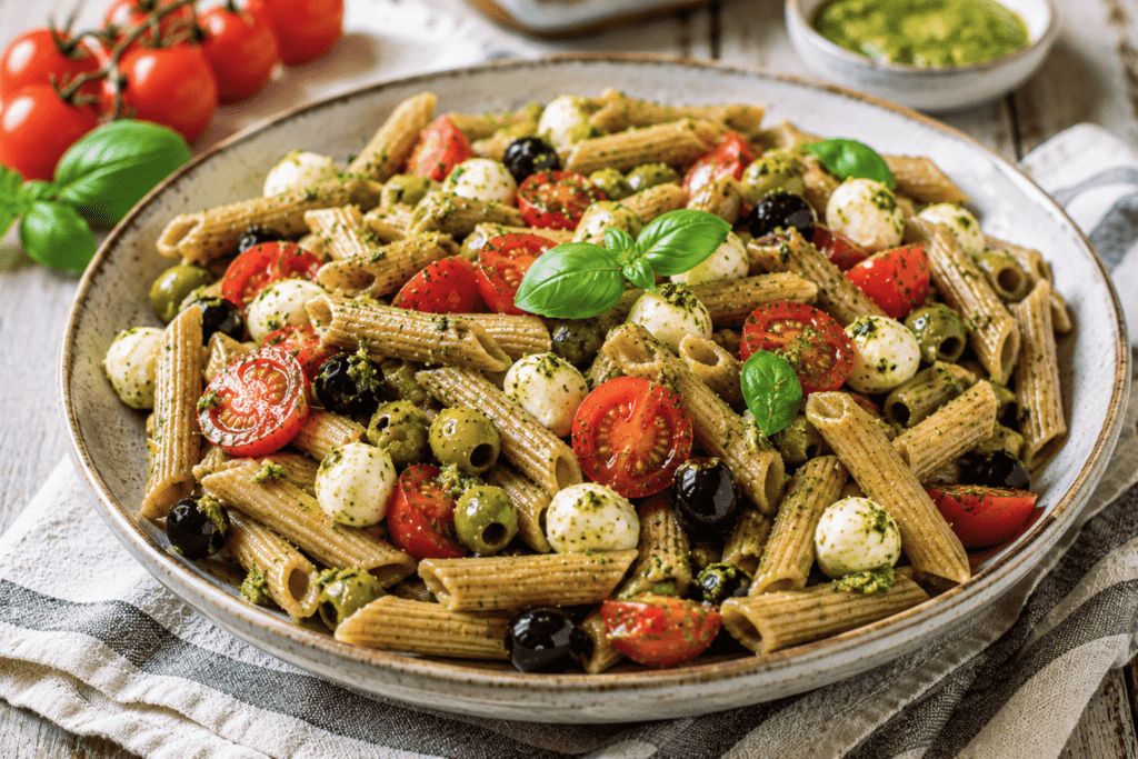 pasta fredda mozzarelline pesto olive pomodorini
