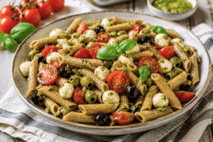 pasta fredda mozzarelline pesto olive pomodorini