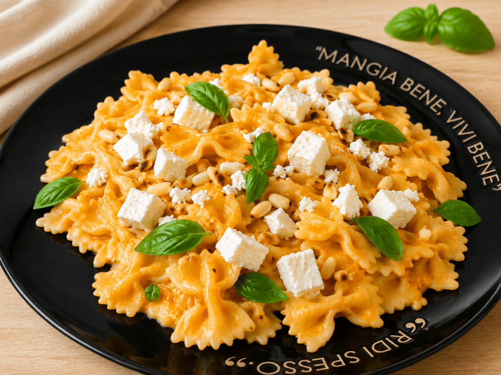 pasta crema di peperoni pinoli e feta