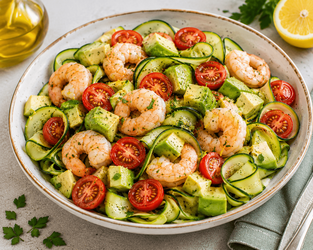 INSALATA DI GAMBERI ZUCCHINE MARINATE AVOCADO