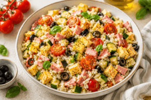 Riso, frittata, prosciutto cotto, olive, pomodorini e zucchine