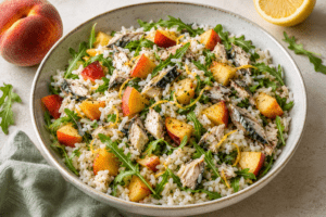 Insalata di riso con sgombro, pesche, rucola e limone: