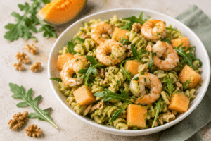 pasta fredda con gamberi melone e rucola