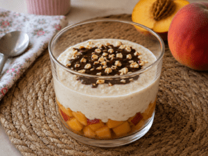 dolcino al bicchiere pesche e cioccolato