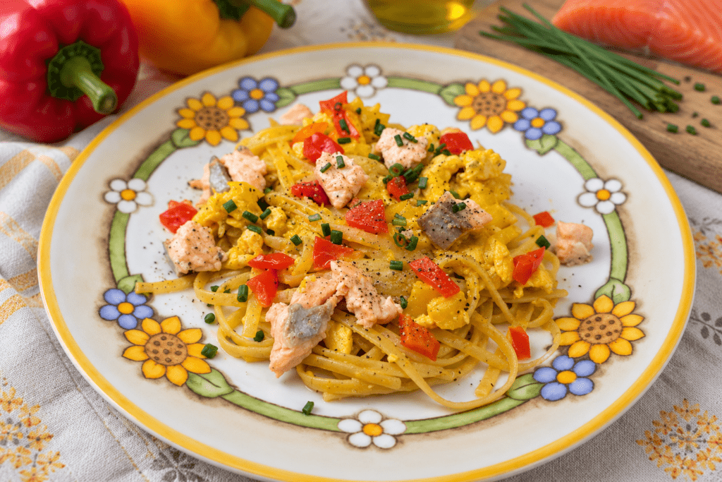 linguine in crema di peperoni e salmone