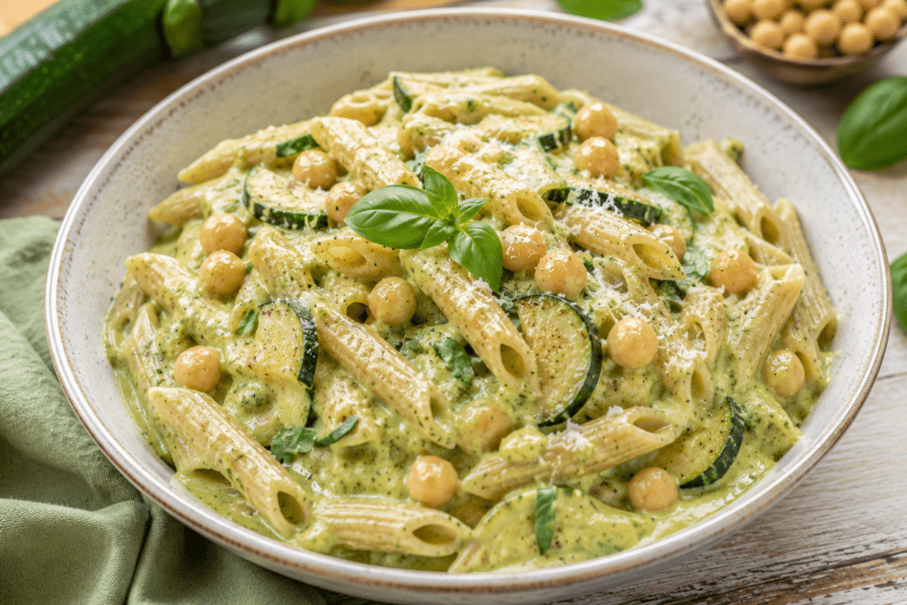 pasta con crema di zucchine ceci basilico e parmigiano