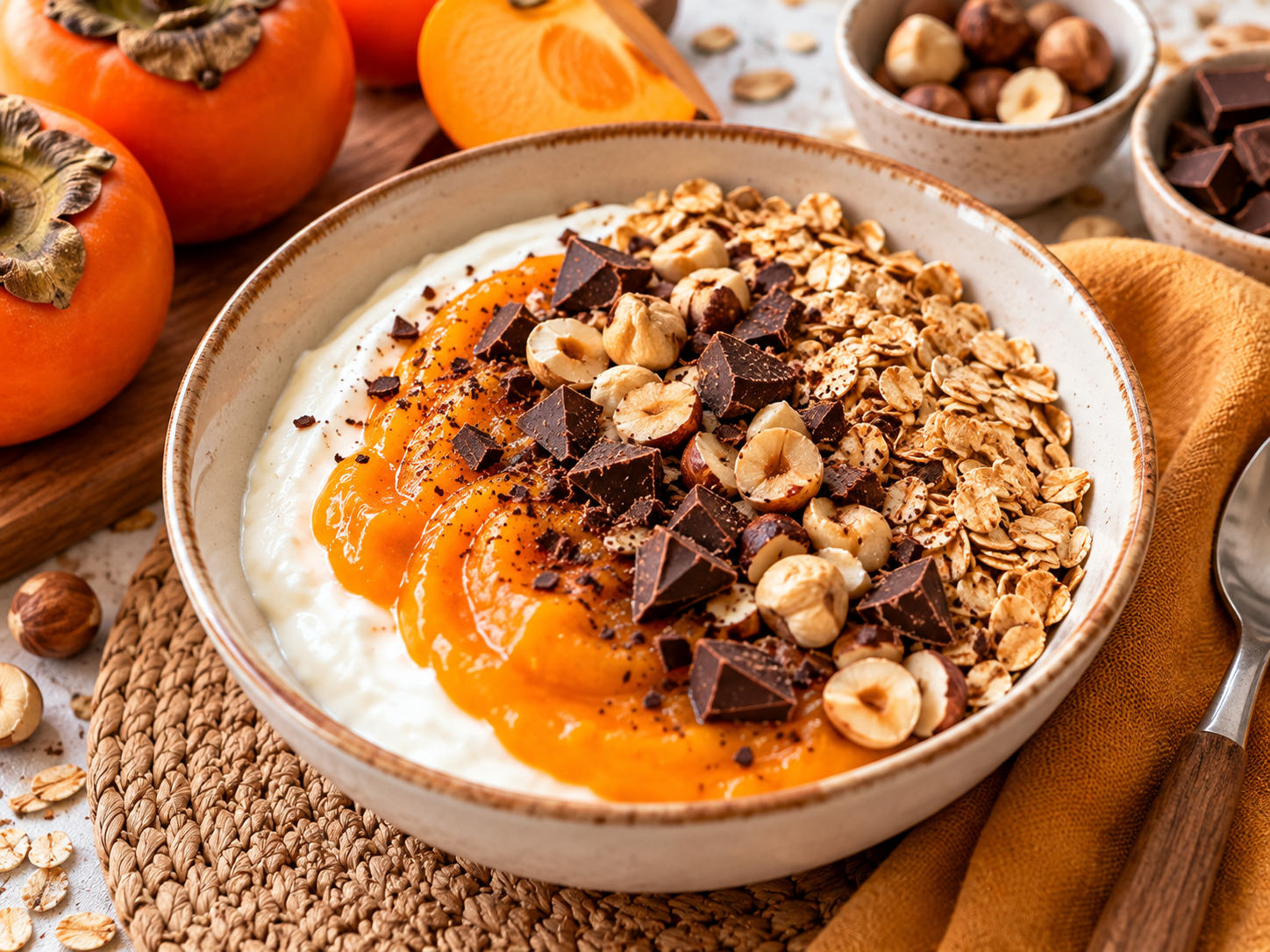 Bowl autunnale con cachi e cioccolato