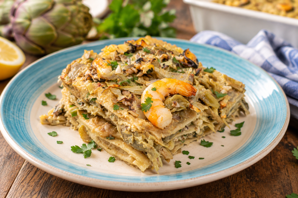 lasagne carciofi e frutti di mare