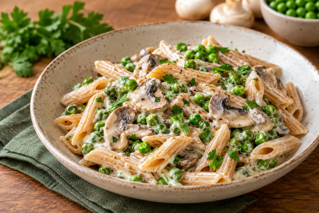 Pasta cremosa con piselli e funghi