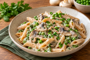 Pasta cremosa con piselli e funghi