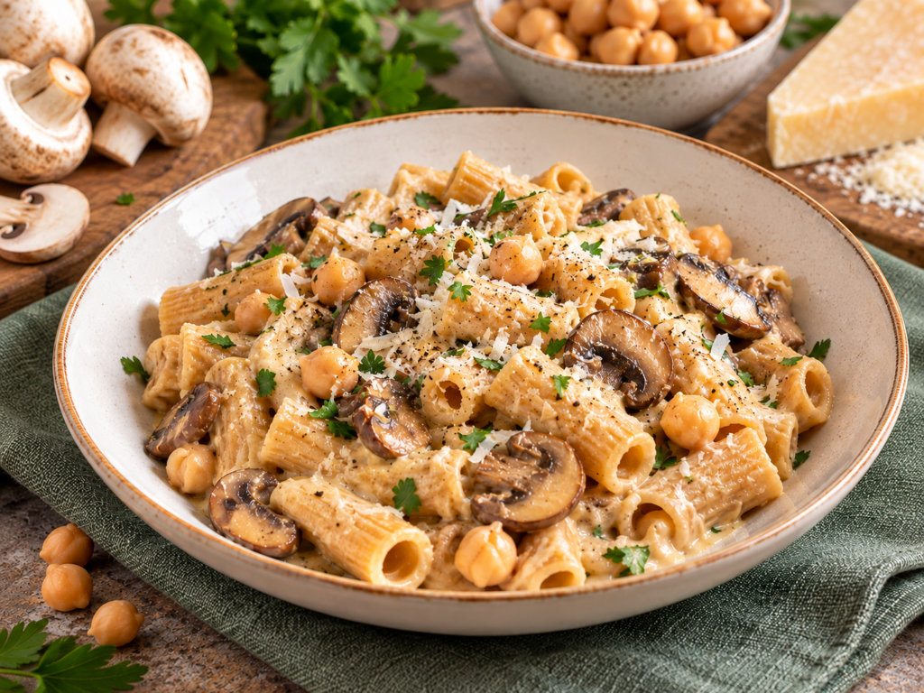 Rigatoni cremosi con ceci e funghi